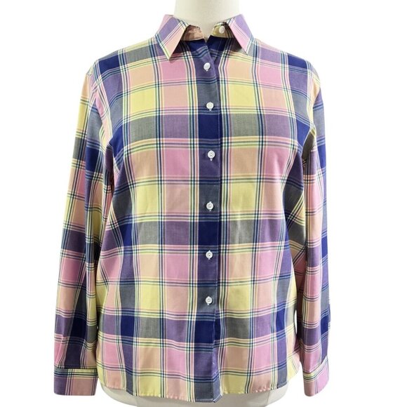 Foxcroft Wrinkle Free Blue Pink Yellow Plaid Button-Up Shirt Colorful Office - Picture 1 of 8